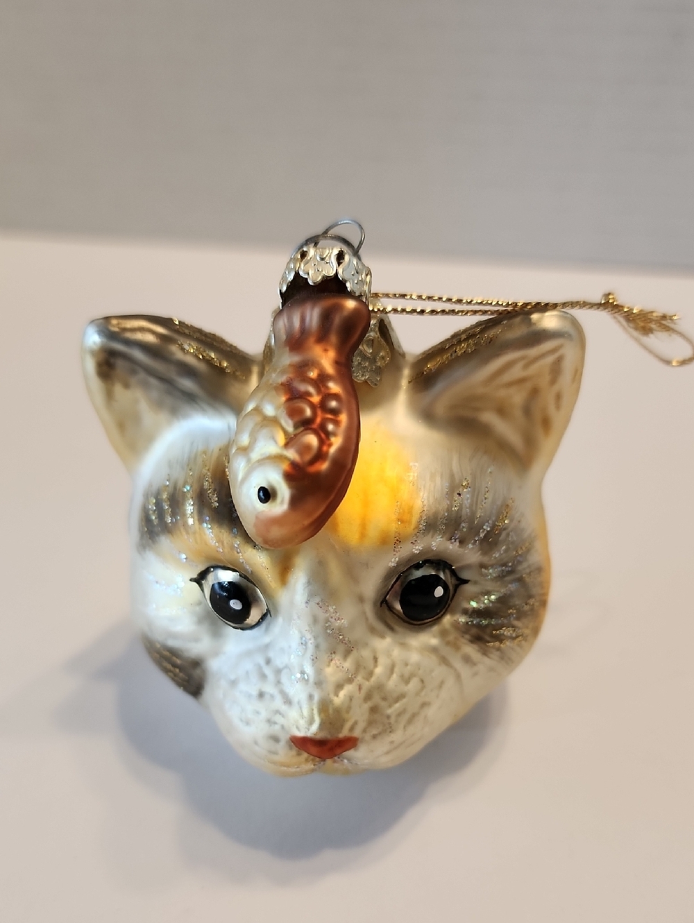 Department 56 Tabby Cat Head Christmas And Fish Ornament W/ Sparkles Flawless